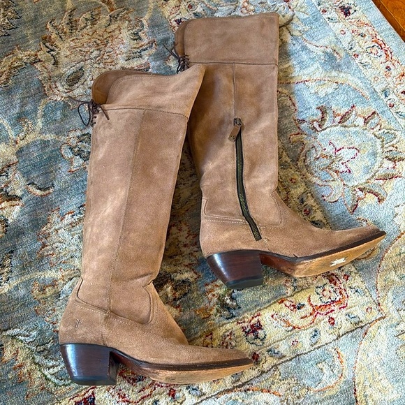 FRYE Designer suede leather over the knee tan brown sexy boots 9 $328 lace up - Picture 2 of 13